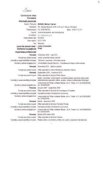 Bogea Ciprian - Curriculum Vitae - Universitatea George Bacovia