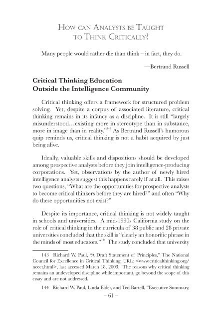 Critical Thinking and Intelligence Analysis