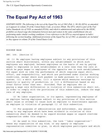 equal pay act of 1963 an This material discusses the protections afforded individuals under the equal pay act of 1963. equal pay act of 1963 an This material discusses the protections afforded individuals under the equal pay act of 1963.