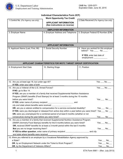 ETA Form 9061 - Employment & Training Administration