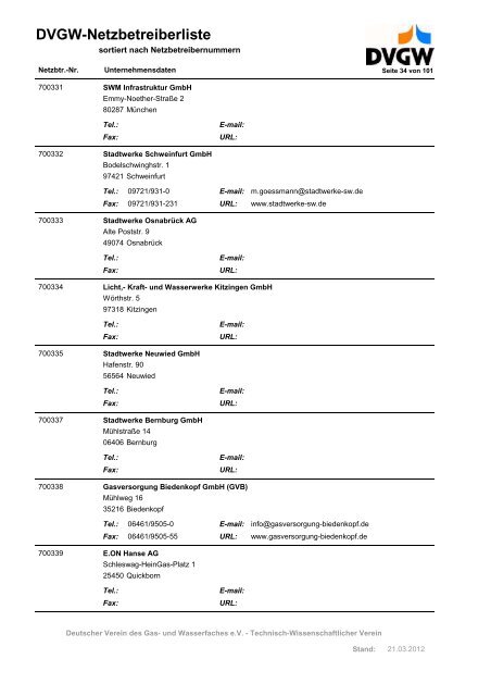 DVGW-Netzbetreiberliste - DVGW Service & Consult GmbH