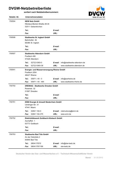 DVGW-Netzbetreiberliste - DVGW Service & Consult GmbH