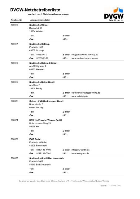 DVGW-Netzbetreiberliste - DVGW Service & Consult GmbH