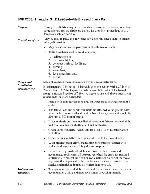 BMP C208: Triangular Silt Dike (Geotextile-Encased Check Dam ...