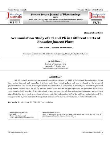 Accumulation Study of Cd and Pb in Different Parts of Brassica ...