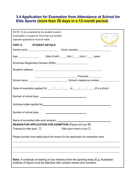 Application for Exemption from Attendance at School for Elite 