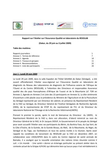 Rapport sur l'Atelier sur l'Assurance QualitÃ© en ... - fao ectad bamako