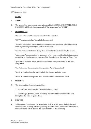 Constitution of Queensland Water Polo Incorporated 1 15 ...