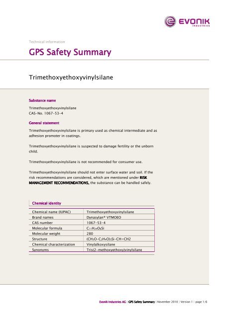 trimethoxyethoxyvinylsilane GPS Safety Summary - Evonik ...