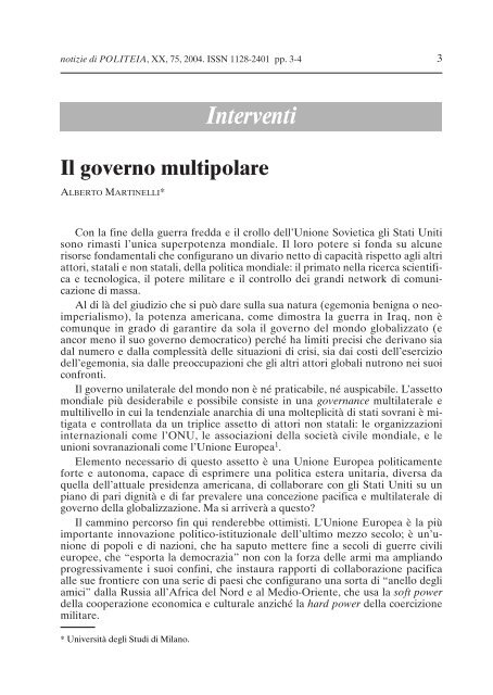 A. Martinelli, Il governo multipolare, n. 75/2004 - Politeia