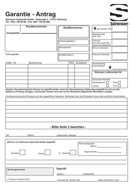 Garantieantrag mit Garantiebedingungen und Richtzeiten - Sörensen