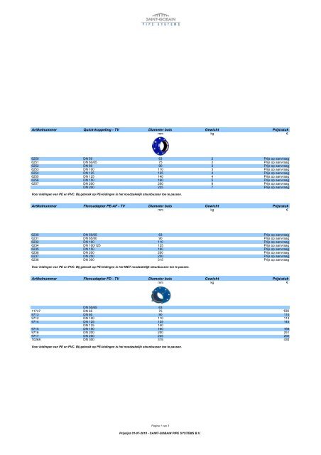 Saint-Gobain Pipe Systems B V  - Prijslijst koppelingen per 01 07 2010