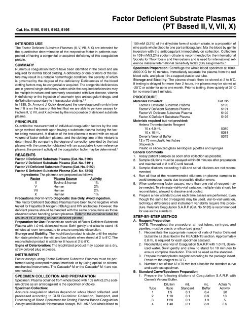 Factor Deficient Substrate Plasmas (PT Based II, V, VII, X) - Helena