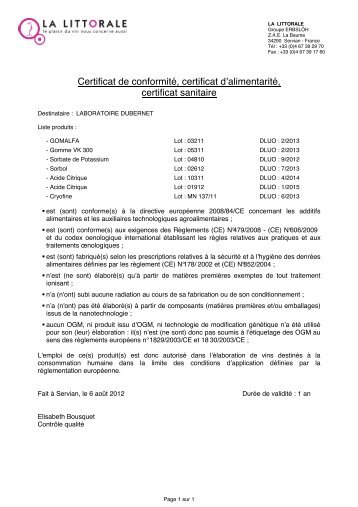 Certificat d'alimentaritÃ© - Laboratoires Dubernet