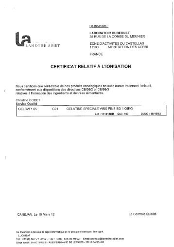Certificat de non-ionisation - Laboratoires Dubernet