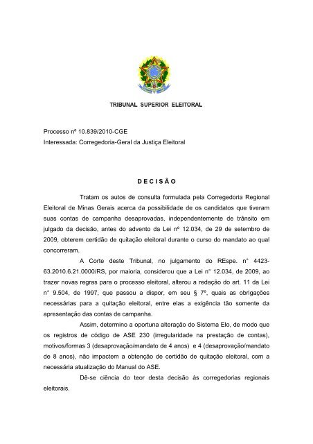 Processo nÂº 10.839/2010-CGE Interessada: Corregedoria-Geral da ...