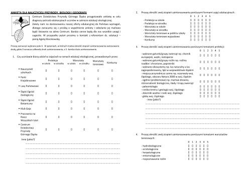 ANKIETA DLA NAUCZYCIELI PRZYRODY, BIOLOGII I GEOGRAFII