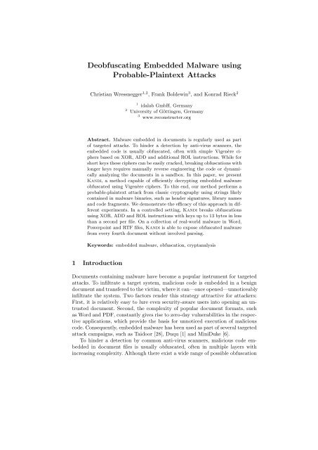 Deobfuscating Embedded Malware using Probable-Plaintext Attacks