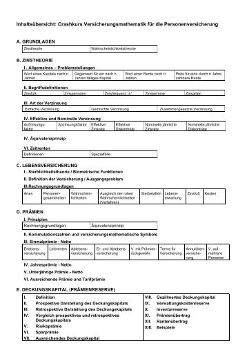 Inhaltsübersicht: Crashkurs Versicherungsmathematik für die ...