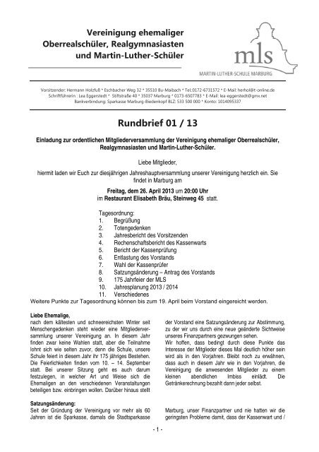Rundbrief 1 2013 Ehemalige Der Martin Luther Schule