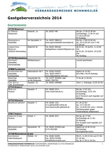 Gastgeberverzeichnis Verbandsgemeinde Winnweiler 2013