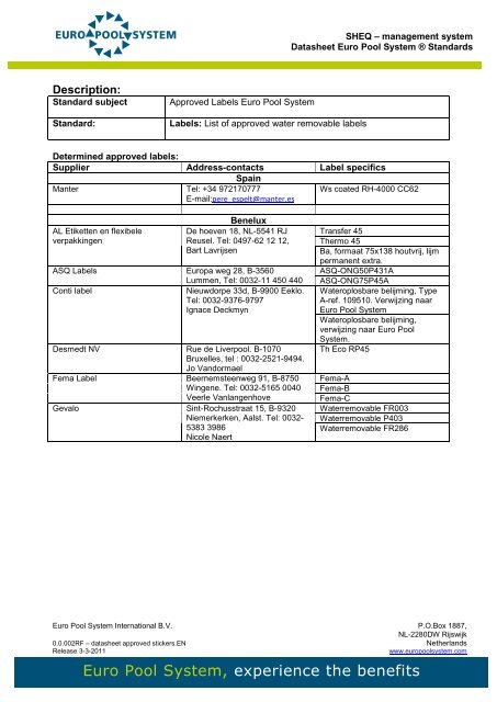 Datasheet approved stickers.pdf - Euro Pool System