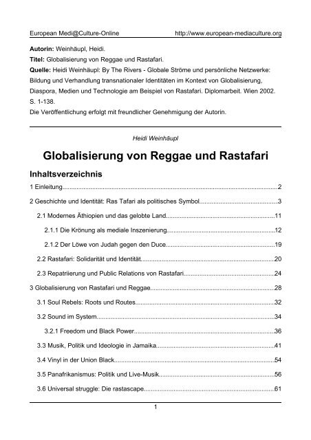 Globalisierung Von Reggae Und Rastafari European - 