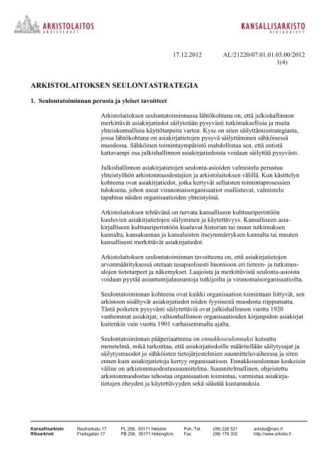 ARKISTOLAITOKSEN SEULONTASTRATEGIA - Arkistolaitos
