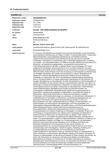 TRADEMARK SEARCH - EuCor GmbH &  Co. KG · WIR GEBEN ...