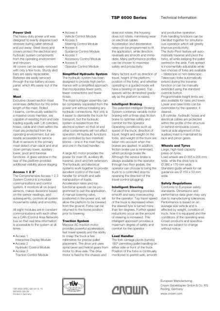 Specifications TSP 6000 Turret Truck - Crown Equipment Corporation