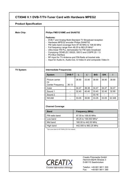 CTX946 V.1 Dvb-T/Tv-Tuner Card with Hardware MPEG2 - creatix