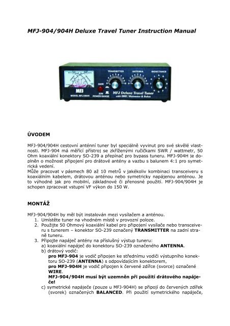 ManuÃ¡l k antÃ©nnÃ­mu tuneru MFJ-904H v ÄeÅ¡tinÄ - OK5AW