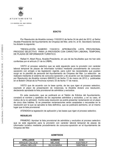 EDICTO Por ResoluciÃ³n de AlcaldÃa nÃºmero ... - Oropesa del Mar