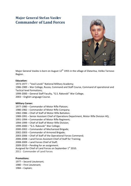 Major General Stefan Vasilev Commander of Land Forces