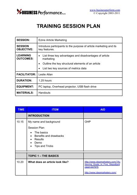 Training Session Plan Sample Business Performance