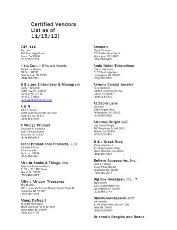 Certified Vendors List as of 11/15/12) - Delta Sigma Theta Sorority, Inc