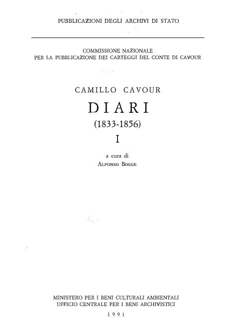 CAMILLO CAVOUR DIARI (1833-1856) - VOLUME I, parte I - Archivi