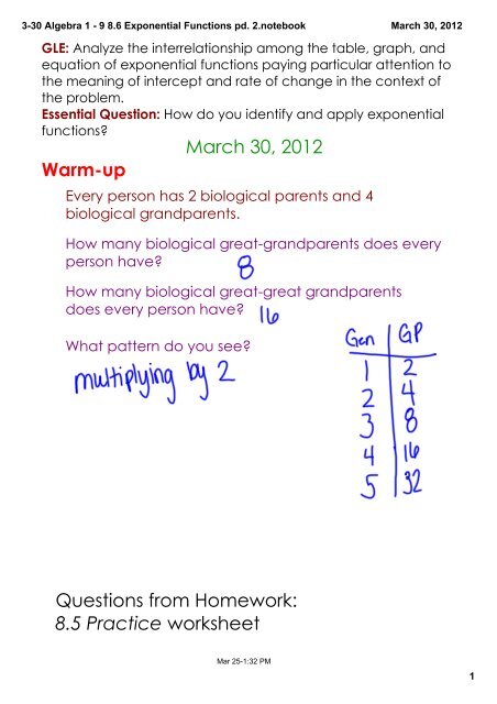 Algebra 1 Exponential Functions Worksheet Mavieetlereve