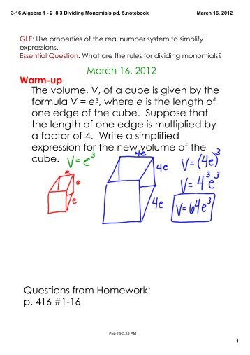 3-16 Algebra 1 - 2 8.3 Dividing Monomials pd. 5.notebook