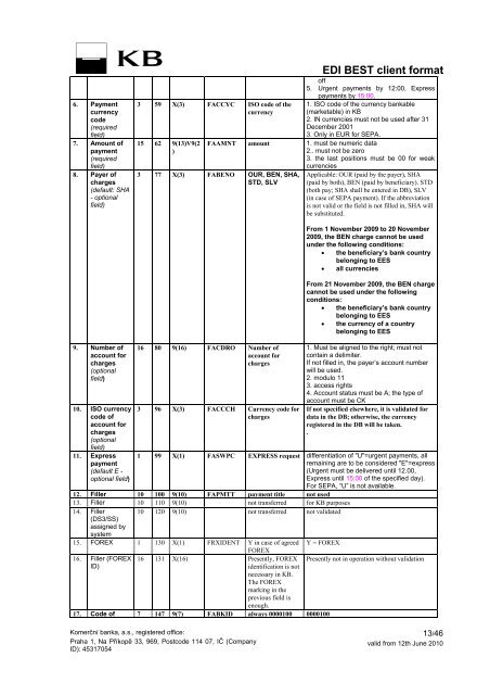 EDI BEST client format supported by KB valid from ... - Komerční banka