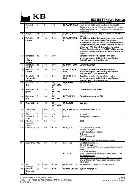 EDI BEST client format supported by KB valid from ... - Komerční banka