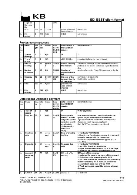 EDI BEST client format supported by KB valid from ... - Komerční banka