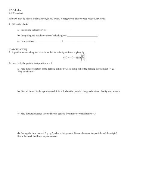 Ap Calculus 7 1 Worksheet All Work Must Be Shown In This Course For