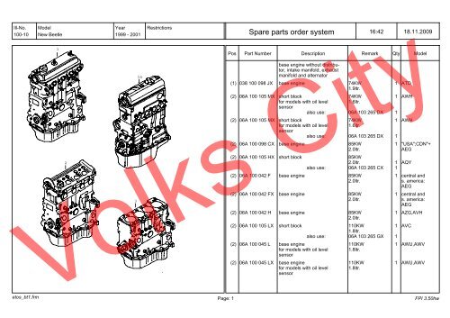 VW Beetle Parts List 1999-2001 - Volks City