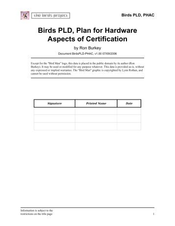 Birds PLD, Plan for Hardware Aspects of Certification - Sandroid.org