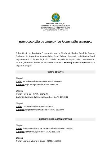 homologaÃ§Ã£o de candidatos Ã  comissÃ£o eleitoral - Ifes - Instituto ...