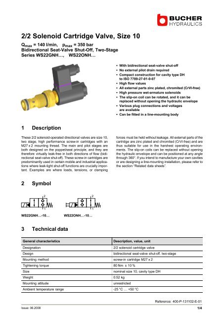 2/2 Solenoid Cartridge Valve, Size 10 - BUCHER HYDRAULICS