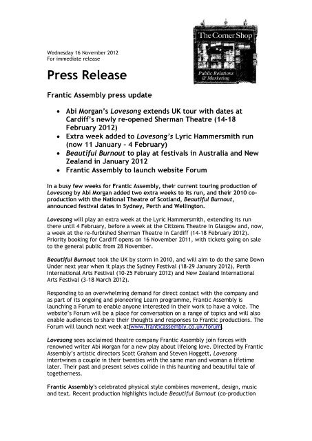 Press Release - Frantic Assembly