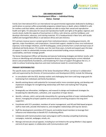 JOB ANNOUNCEMENT Senior Development Officer - Family Care ...