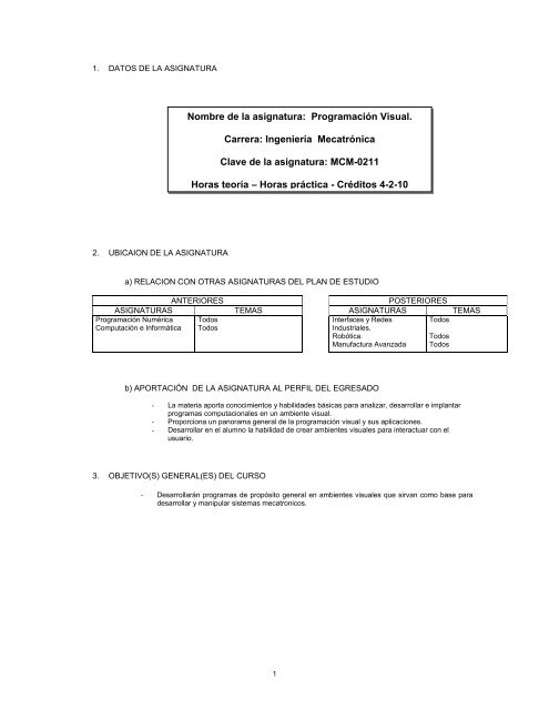 Nombre de la asignatura: ProgramaciÃ³n Visual. Carrera: IngenierÃ­a ...